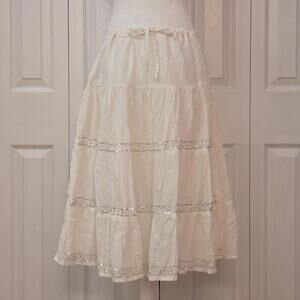 Y2K Boho Cottagecore Beaded Fairy Midi Skirt Magazine Size M Ivory Tiered Sequin